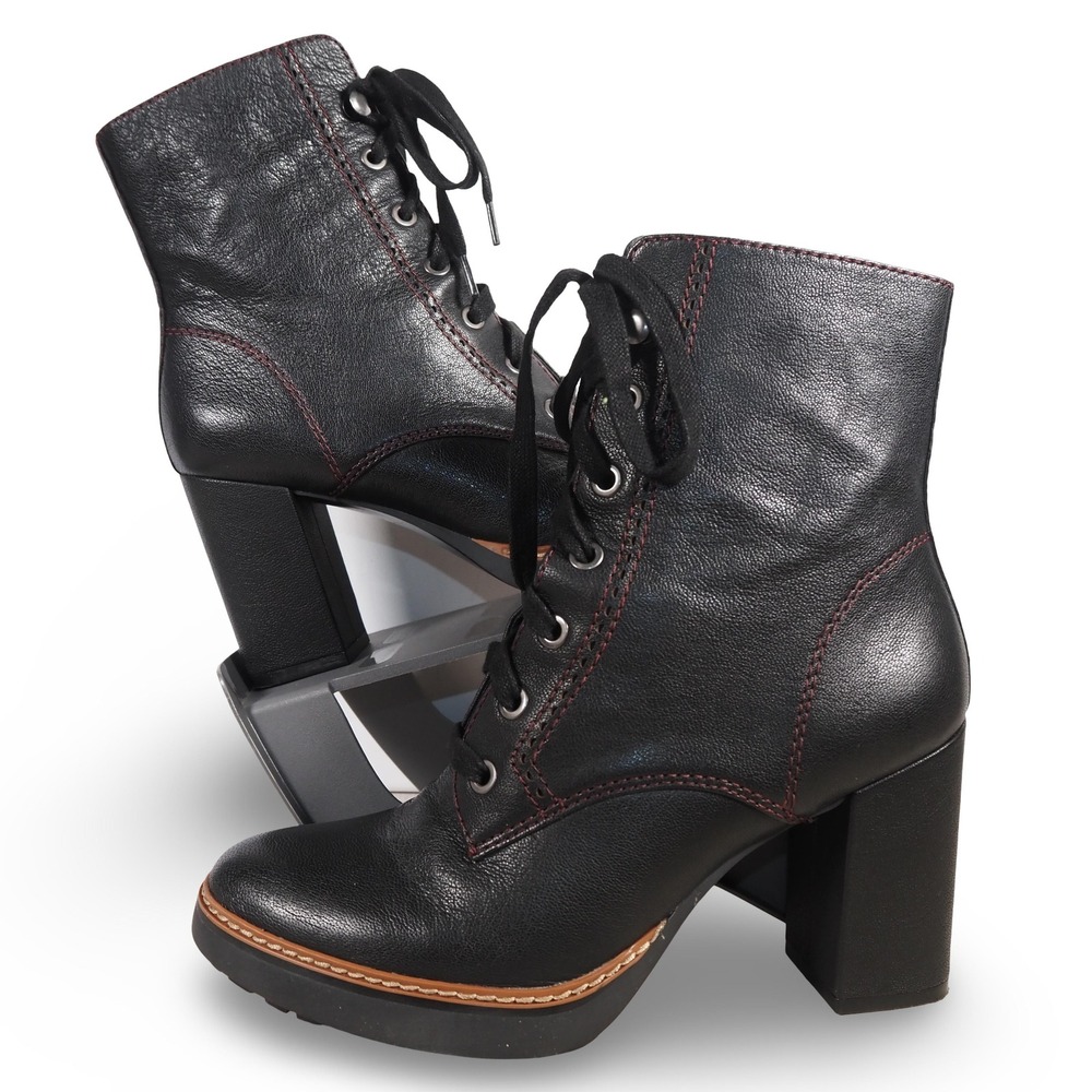 Naturalizer Callie Womens 7M Black Leather Lace Up Block Heel Ankle Boots